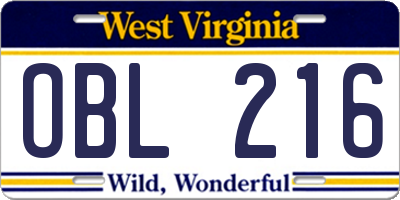WV license plate OBL216