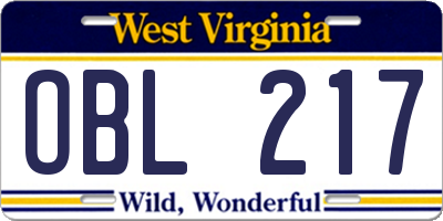 WV license plate OBL217