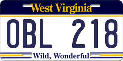 WV license plate OBL218