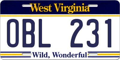 WV license plate OBL231
