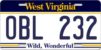WV license plate OBL232