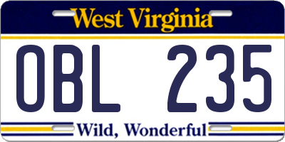 WV license plate OBL235