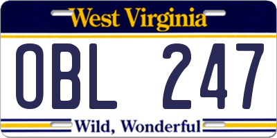 WV license plate OBL247