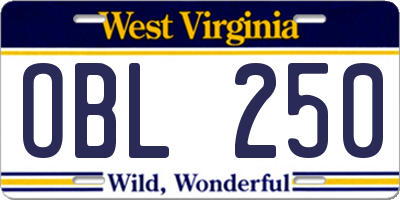 WV license plate OBL250