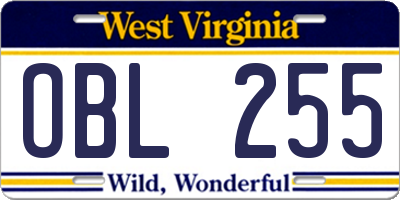 WV license plate OBL255