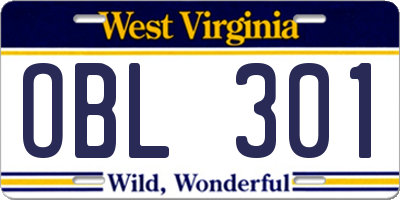 WV license plate OBL301