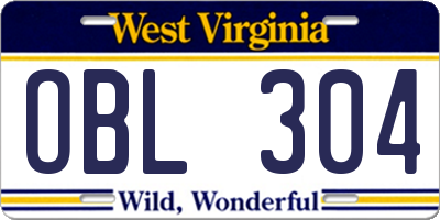 WV license plate OBL304