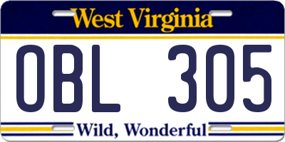 WV license plate OBL305