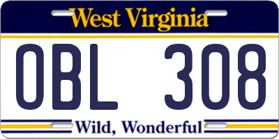 WV license plate OBL308
