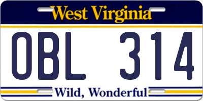 WV license plate OBL314