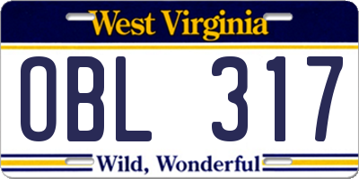 WV license plate OBL317