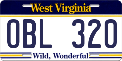 WV license plate OBL320