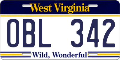 WV license plate OBL342