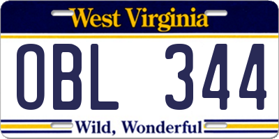 WV license plate OBL344