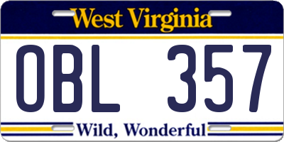 WV license plate OBL357