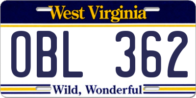 WV license plate OBL362