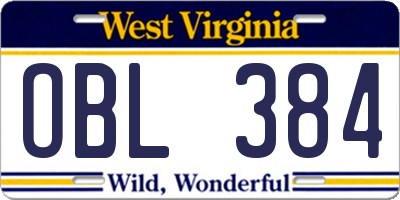 WV license plate OBL384