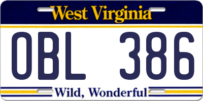WV license plate OBL386