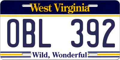 WV license plate OBL392