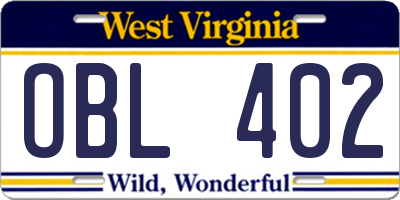 WV license plate OBL402