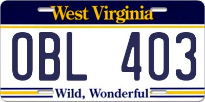WV license plate OBL403