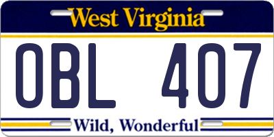 WV license plate OBL407