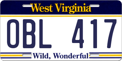 WV license plate OBL417