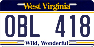 WV license plate OBL418