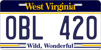 WV license plate OBL420