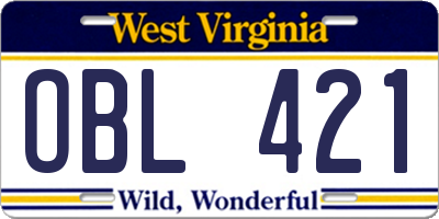 WV license plate OBL421