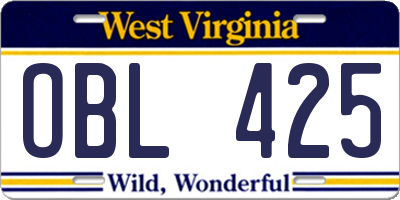 WV license plate OBL425