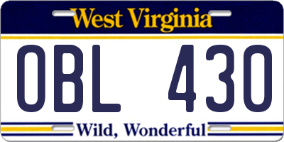 WV license plate OBL430
