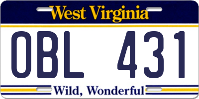 WV license plate OBL431