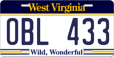 WV license plate OBL433