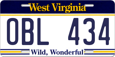 WV license plate OBL434