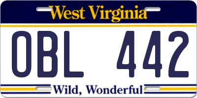 WV license plate OBL442