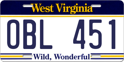WV license plate OBL451
