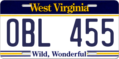WV license plate OBL455