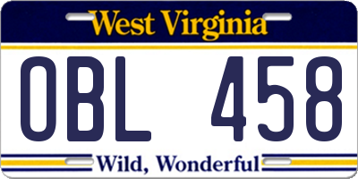 WV license plate OBL458