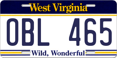 WV license plate OBL465