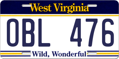 WV license plate OBL476
