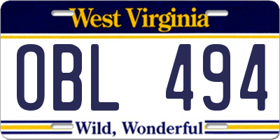 WV license plate OBL494