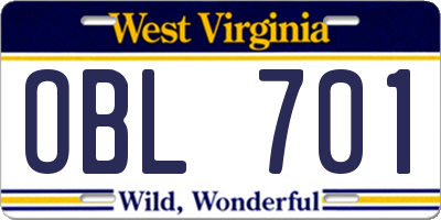 WV license plate OBL701