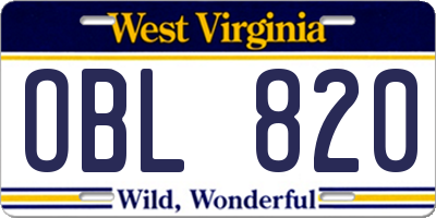 WV license plate OBL820
