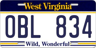 WV license plate OBL834