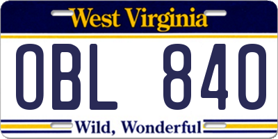 WV license plate OBL840