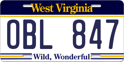 WV license plate OBL847