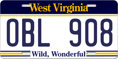 WV license plate OBL908