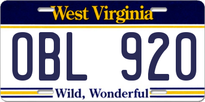 WV license plate OBL920