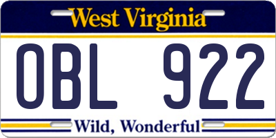WV license plate OBL922